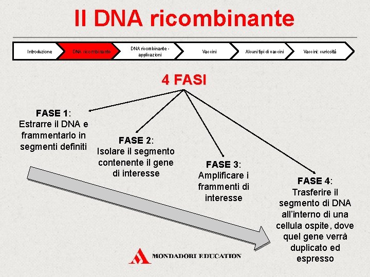 Il DNA ricombinante Introduzione DNA ricombinante applicazioni Vaccini Alcuni tipi di vaccini Vaccini: curiosità