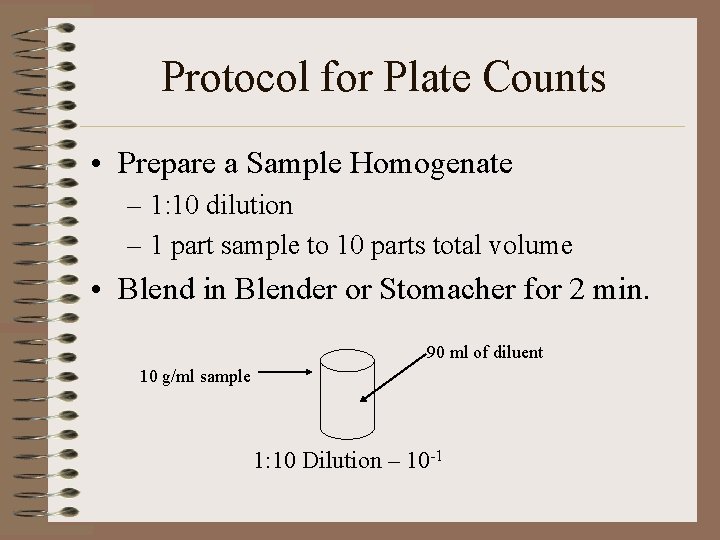 Protocol for Plate Counts • Prepare a Sample Homogenate – 1: 10 dilution –