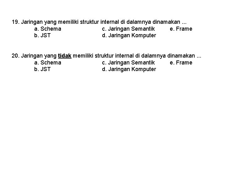 19. Jaringan yang memiliki struktur internal di dalamnya dinamakan. . . a. Schema c.