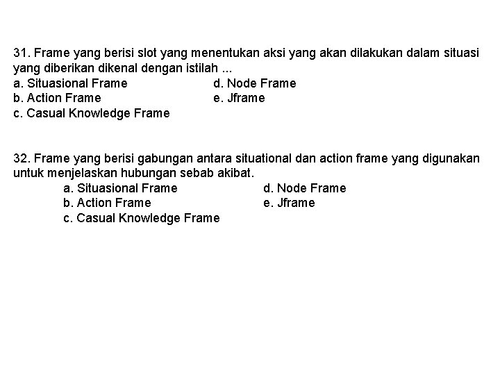 31. Frame yang berisi slot yang menentukan aksi yang akan dilakukan dalam situasi yang