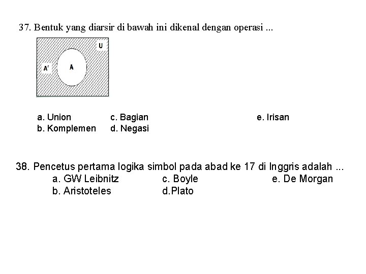 37. Bentuk yang diarsir di bawah ini dikenal dengan operasi. . . a. Union