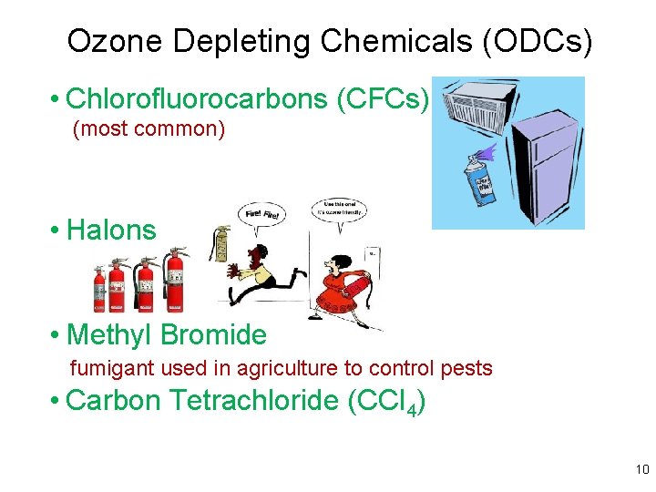 Ozone Depleting Chemicals (ODCs) • Chlorofluorocarbons (CFCs) (most common) • Halons • Methyl Bromide