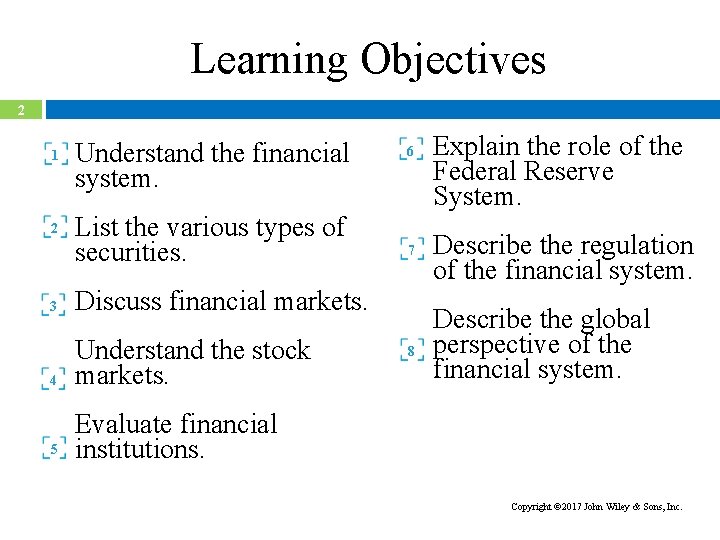 Learning Objectives 2 1 2 Understand the financial system. List the various types of