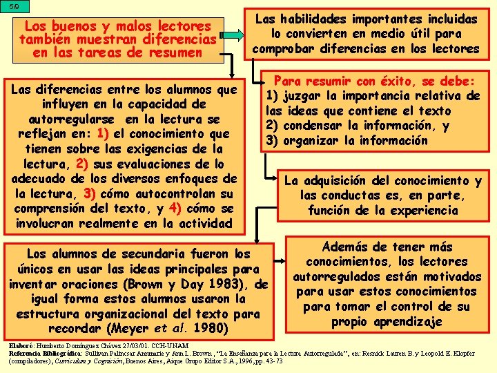 5/9 Los buenos y malos lectores también muestran diferencias en las tareas de resumen