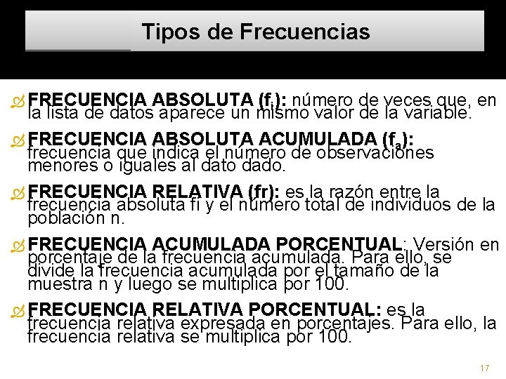 Tipos de Frecuencias FRECUENCIA ABSOLUTA (fi): número de veces que, en la lista de