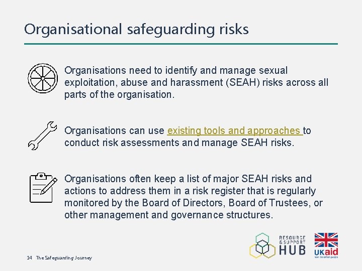 Organisational safeguarding risks Organisations need to identify and manage sexual exploitation, abuse and harassment