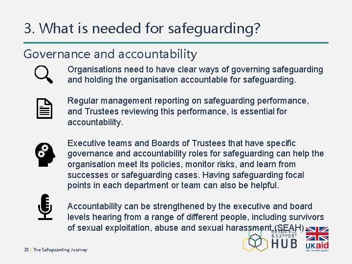 3. What is needed for safeguarding? Governance and accountability Organisations need to have clear