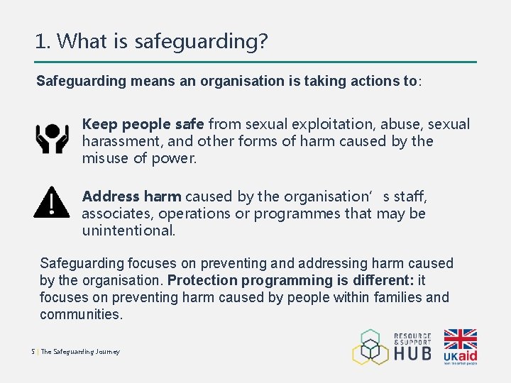 1. What is safeguarding? Safeguarding means an organisation is taking actions to: Keep people