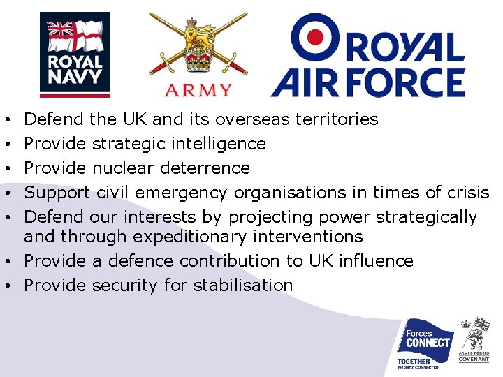 Defend the UK and its overseas territories Provide strategic intelligence Provide nuclear deterrence Support