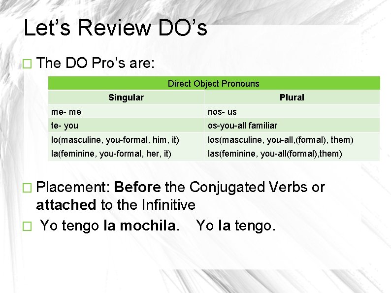 Let’s Review DO’s � The DO Pro’s are: Direct Object Pronouns Singular Plural me-