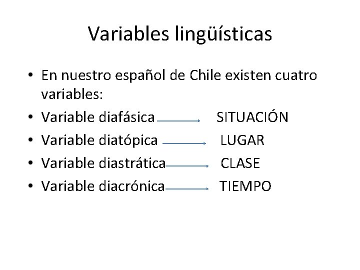 Variables lingüísticas • En nuestro español de Chile existen cuatro variables: • Variable diafásica