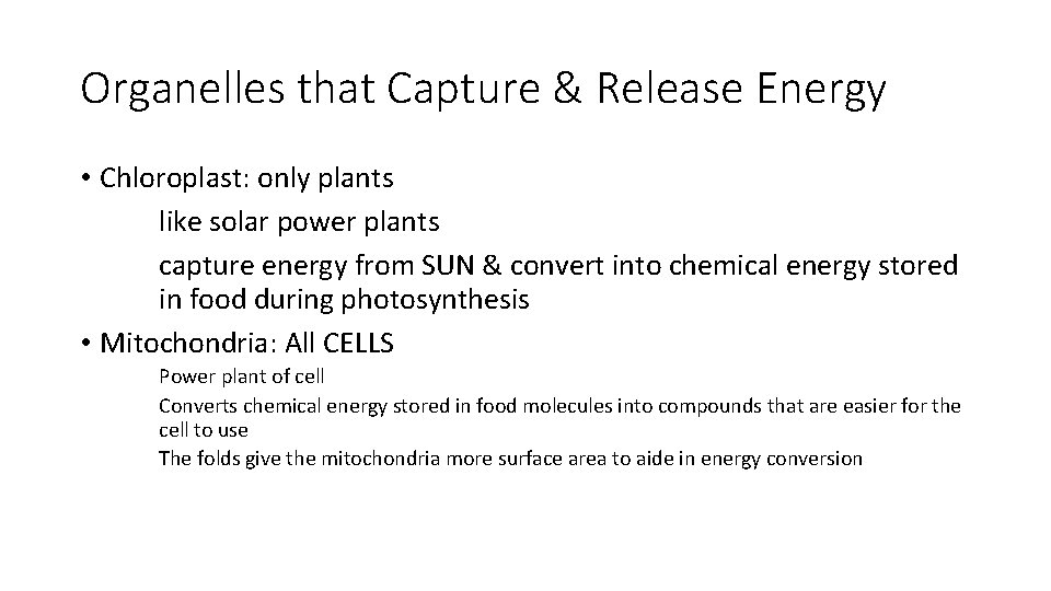 Organelles that Capture & Release Energy • Chloroplast: only plants like solar power plants