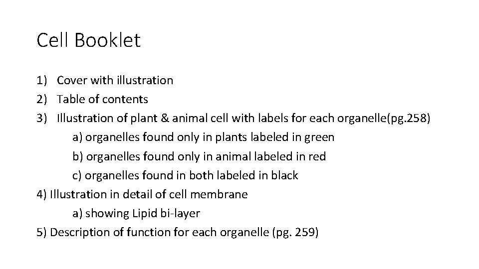 Cell Booklet 1) Cover with illustration 2) Table of contents 3) Illustration of plant