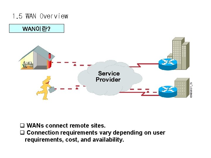 1. 5 WAN Overview WAN이란? q WANs connect remote sites. q Connection requirements vary