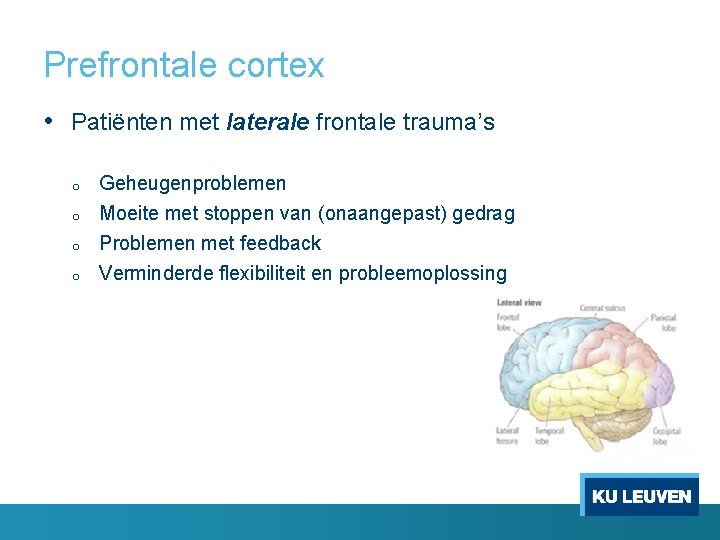 Prefrontale cortex • Patiënten met laterale frontale trauma’s o o Geheugenproblemen Moeite met stoppen