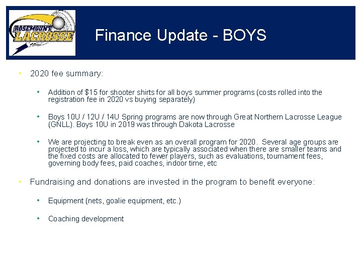 Finance Update - BOYS • 2020 fee summary: • Addition of $15 for shooter