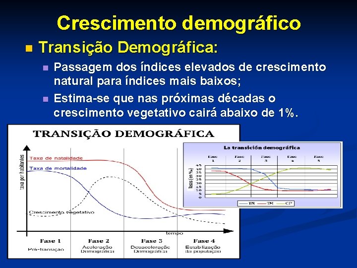 Crescimento demográfico n Transição Demográfica: n n Passagem dos índices elevados de crescimento natural
