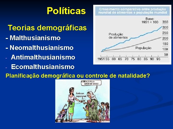 Políticas Teorias demográficas - Malthusianismo - Neomalthusianismo - Antimalthusianismo - Ecomalthusianismo Planificação demográfica ou