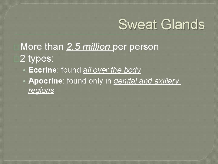 Sweat Glands �More than 2. 5 million person � 2 types: • Eccrine: found