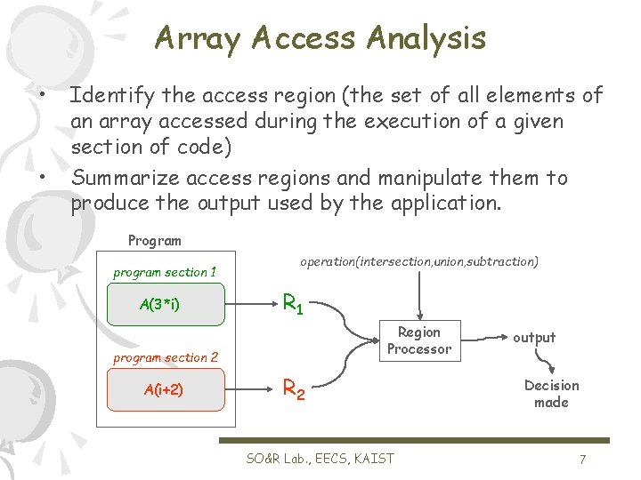 Array Access Analysis • • Identify the access region (the set of all elements