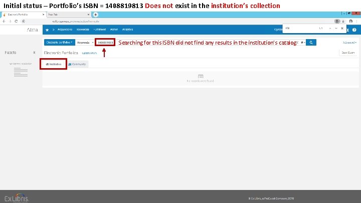 Initial status – Portfolio’s ISBN = 1408819813 Does not exist in the institution’s collection
