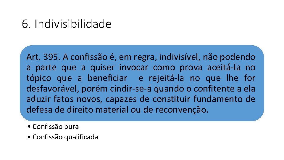 6. Indivisibilidade Art. 395. A confissão é, em regra, indivisível, não podendo a parte 6. Indivisibilidade Art. 395. A confissão é, em regra, indivisível, não podendo a parte