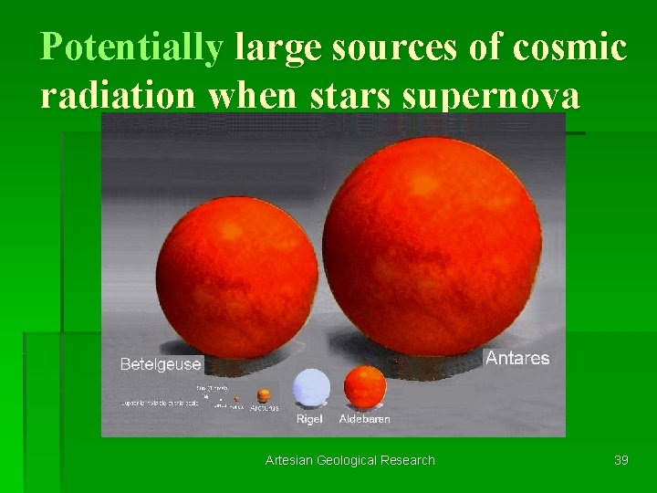 Potentially large sources of cosmic radiation when stars supernova Artesian Geological Research 39 