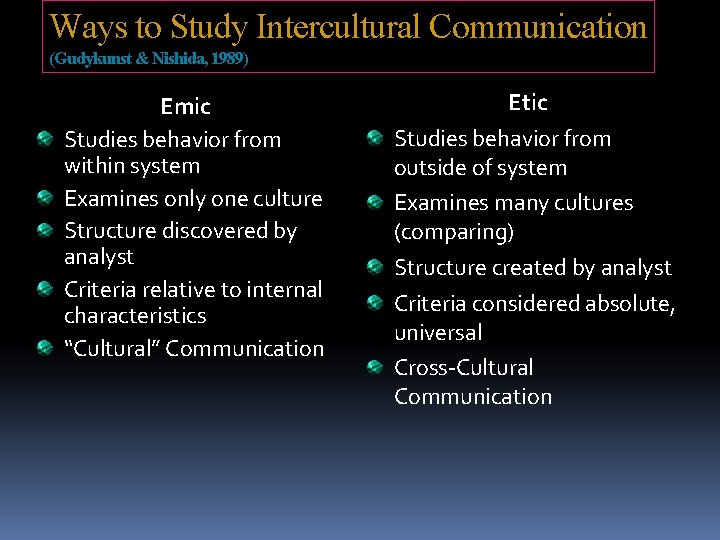 Ways to Study Intercultural Communication (Gudykunst & Nishida, 1989) Emic Studies behavior from within