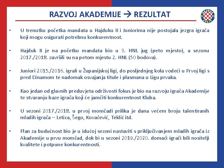 RAZVOJ AKADEMIJE REZULTAT • U trenutku početka mandata u Hajduku II i Juniorima nije