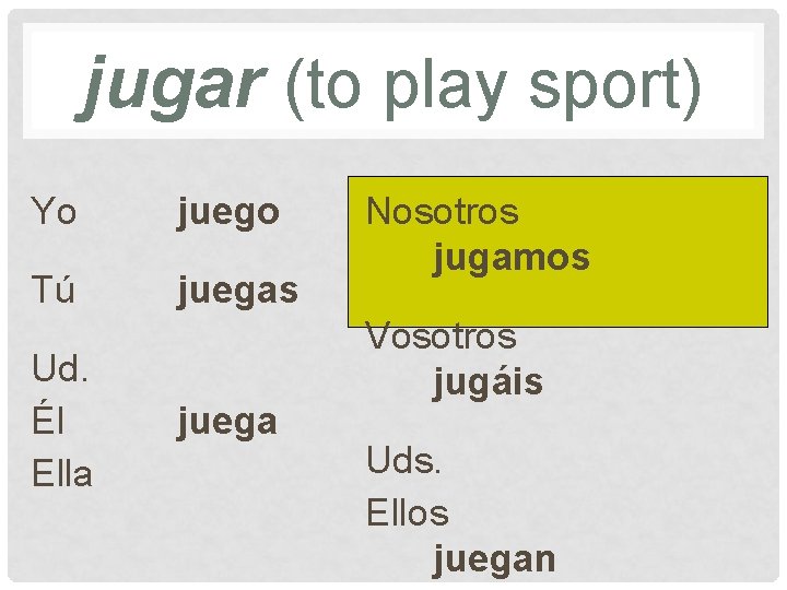 jugar (to play sport) Yo juego Tú juegas Ud. Él Ella juega Nosotros jugamos