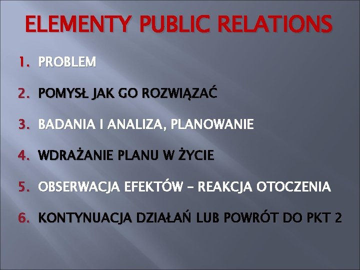 ELEMENTY PUBLIC RELATIONS 1. PROBLEM 2. POMYSŁ JAK GO ROZWIĄZAĆ 3. BADANIA I ANALIZA,