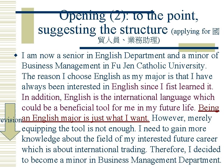 Opening (2): to the point, suggesting the structure (applying for 國 貿人員、業務助理) w I