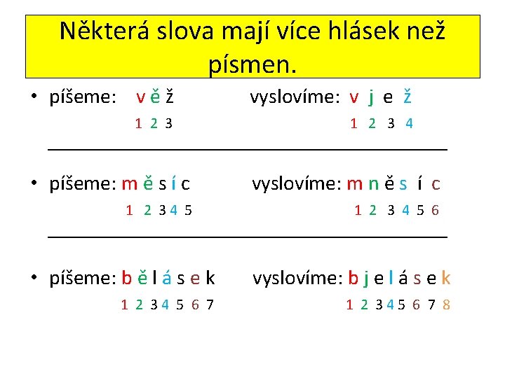 Některá slova mají více hlásek než písmen. • píšeme: v ě ž vyslovíme: v