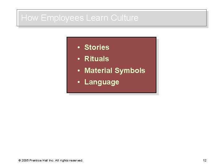 How Employees Learn Culture • Stories • Rituals • Material Symbols • Language ©