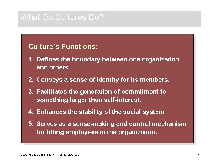 What Do Cultures Do? Culture’s Functions: 1. Defines the boundary between one organization and