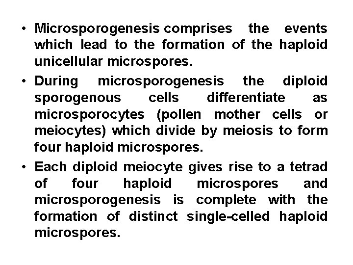  • Microsporogenesis comprises the events which lead to the formation of the haploid