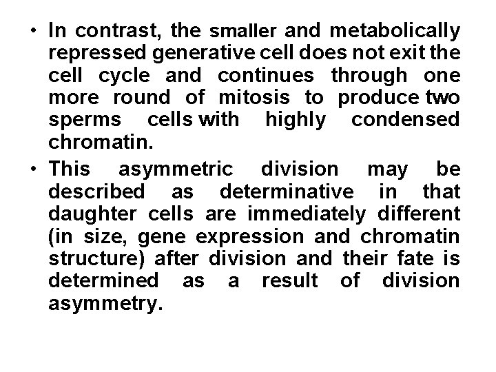  • In contrast, the smaller and metabolically repressed generative cell does not exit