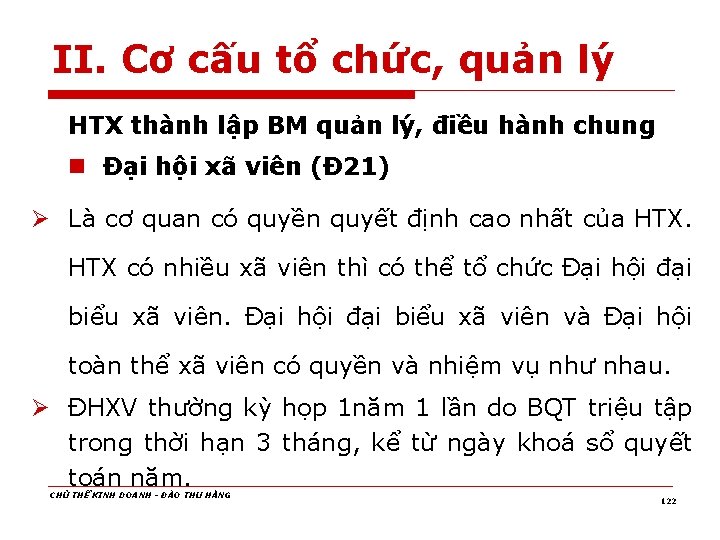 II. Cơ cấu tổ chức, quản lý HTX thành lập BM quản lý, điều