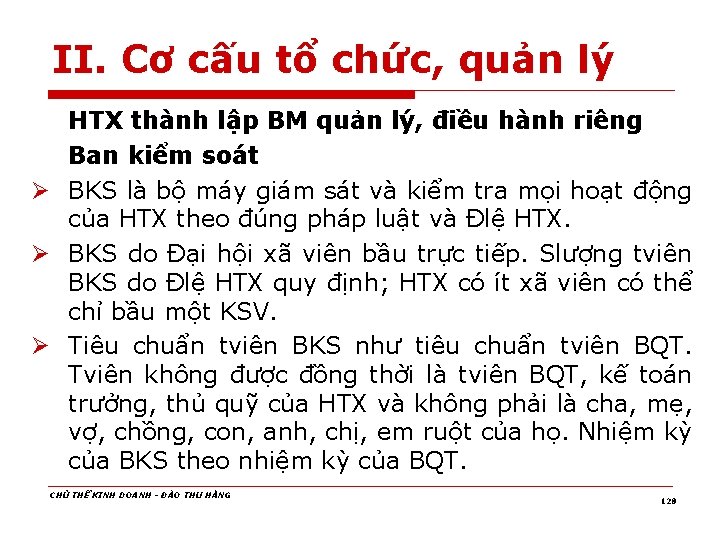 II. Cơ cấu tổ chức, quản lý HTX thành lập BM quản lý, điều