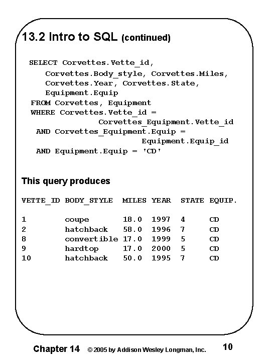 13. 2 Intro to SQL (continued) SELECT Corvettes. Vette_id, Corvettes. Body_style, Corvettes. Miles, Corvettes. 13. 2 Intro to SQL (continued) SELECT Corvettes. Vette_id, Corvettes. Body_style, Corvettes. Miles, Corvettes.