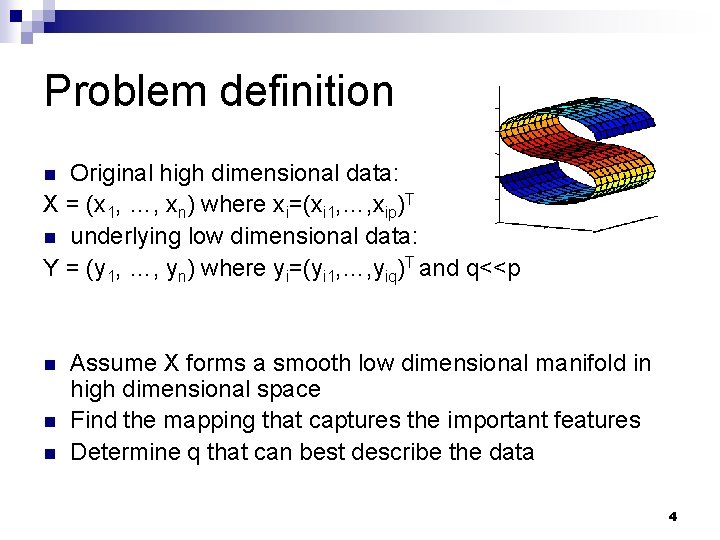 Problem definition Original high dimensional data: X = (x 1, …, xn) where xi=(xi