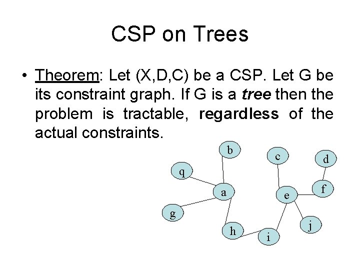 CSP on Trees • Theorem: Let (X, D, C) be a CSP. Let G
