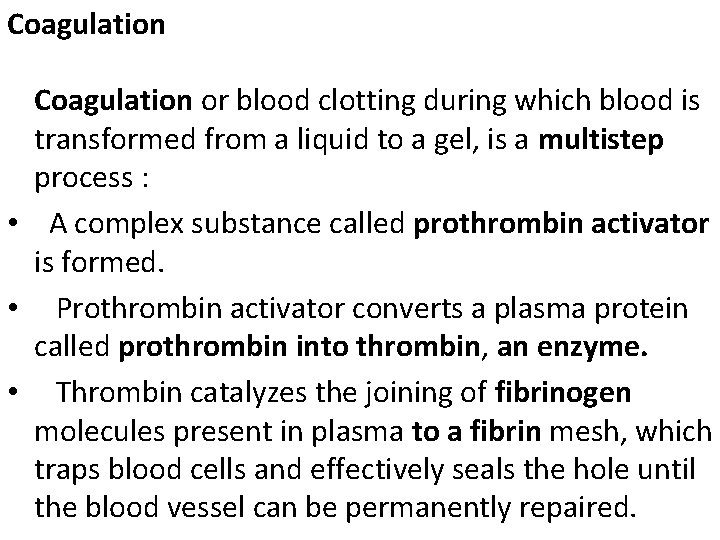 Coagulation or blood clotting during which blood is transformed from a liquid to a