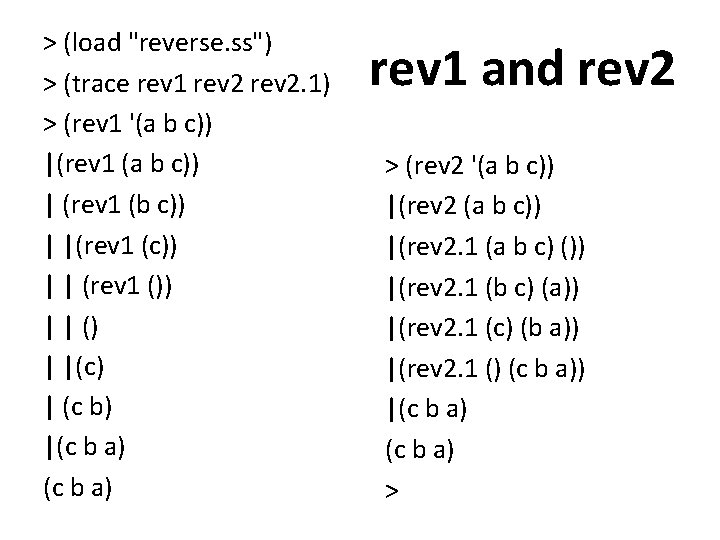 > (load "reverse. ss") > (trace rev 1 rev 2. 1) > (rev 1