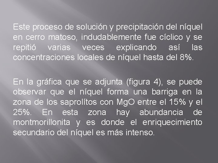 Este proceso de solución y precipitación del níquel en cerro matoso, indudablemente fue cíclico