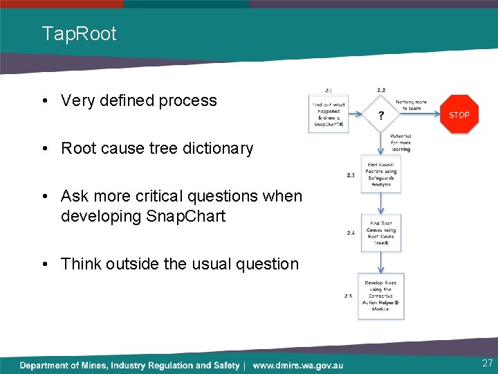 Tap. Root • Very defined process • Root cause tree dictionary • Ask more