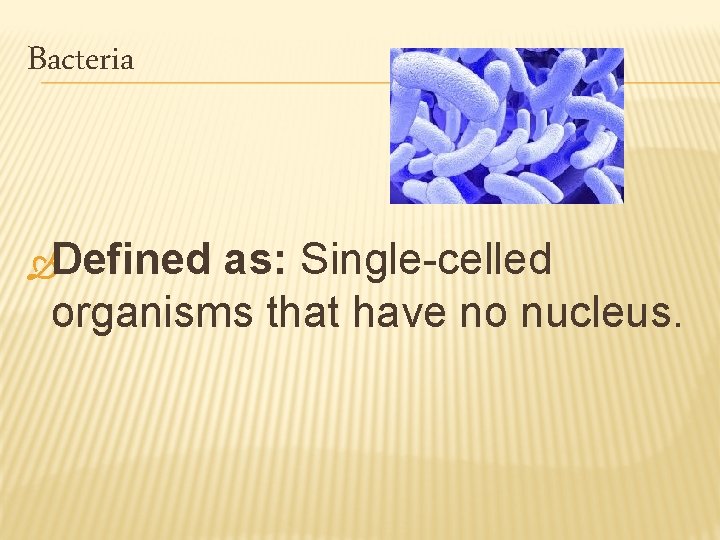 Bacteria ÒDefined as: Single-celled organisms that have no nucleus. 