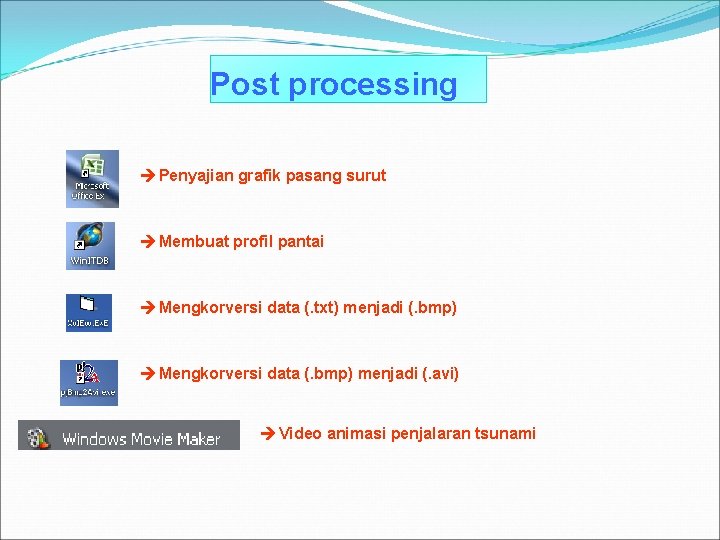 Post processing Penyajian grafik pasang surut Membuat profil pantai Mengkorversi data (. txt) menjadi