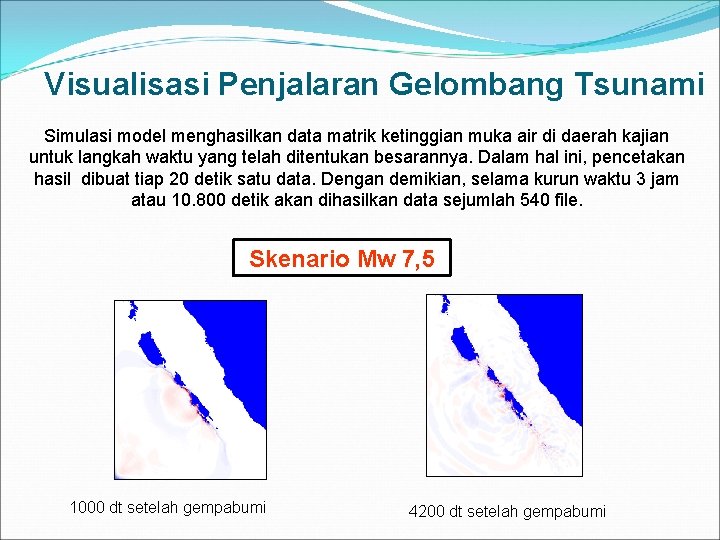 Visualisasi Penjalaran Gelombang Tsunami Simulasi model menghasilkan data matrik ketinggian muka air di daerah