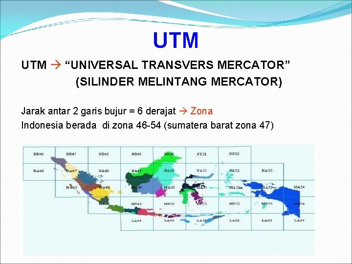 UTM “UNIVERSAL TRANSVERS MERCATOR” (SILINDER MELINTANG MERCATOR) Jarak antar 2 garis bujur = 6